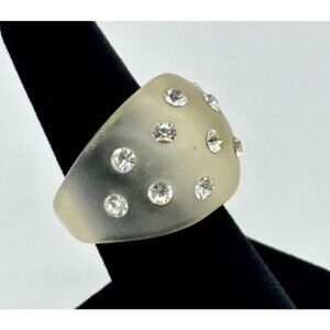 Vintage Frosted Lucite Domed Bubble Ring Set W/Clear Rhinestones Size 8 Unmarked